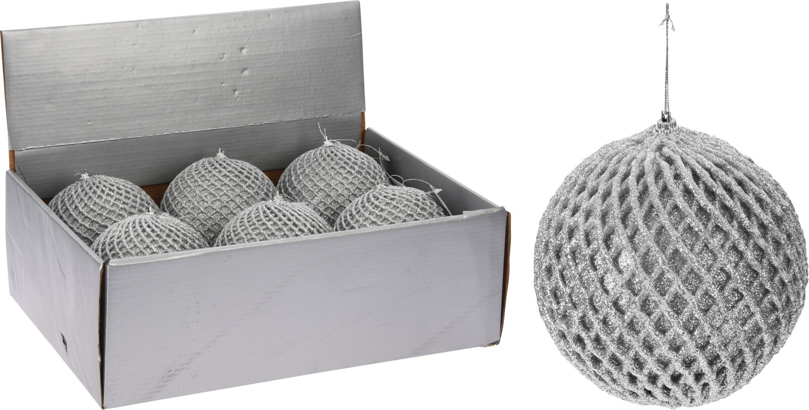 Pallina di Natale con glitter argento 10 cm decorazione natalizia con texture a rombi - DeMatteis.it