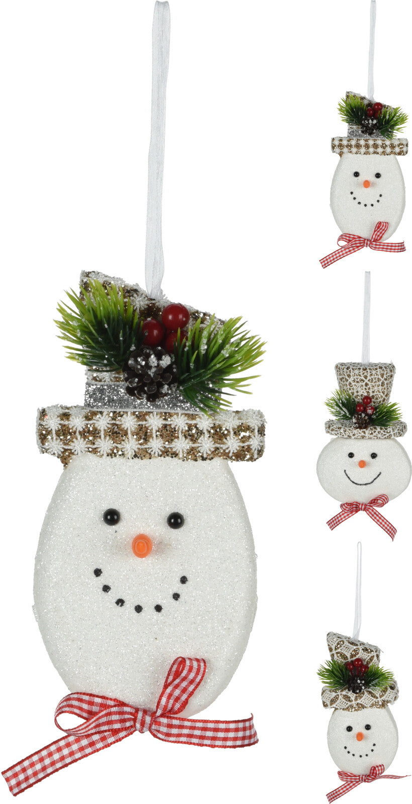 Pendente pupazzo di neve diametro 8 cm decorazione natalizia con cappello decorato e nastro a quadri - DeMatteis.it