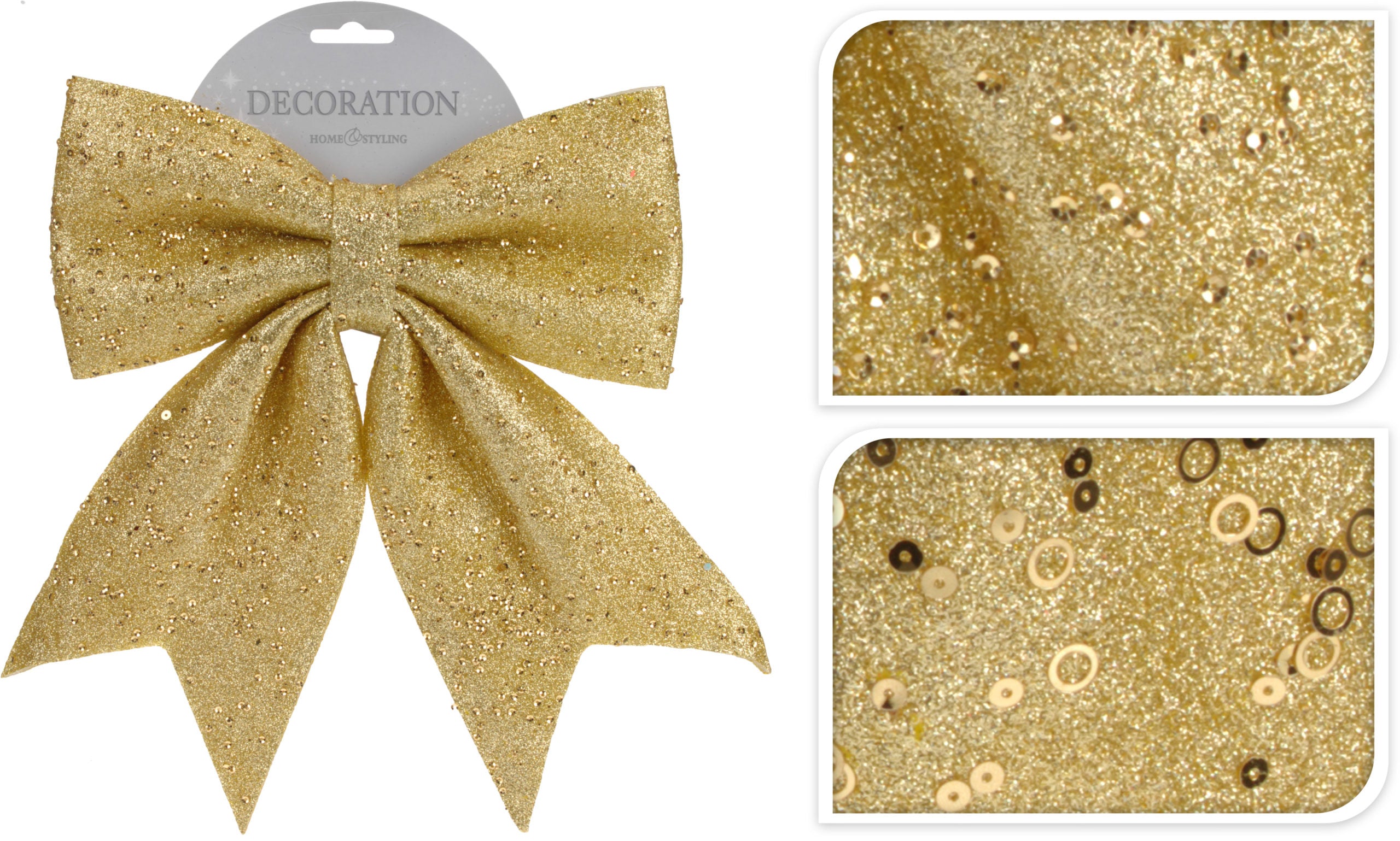 Fiocco decorativo oro da 24 cm con paillettes per decorazioni natalizie e addobbi festivi - DeMatteis.it