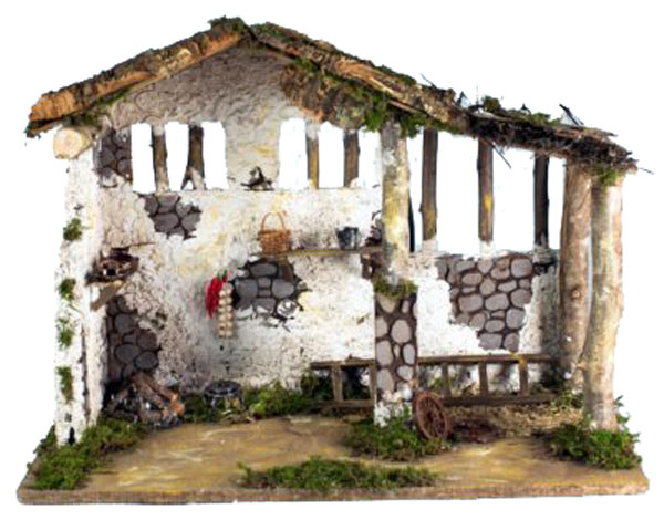 Capanna Presepe Con Fuoco Rossi Rosa per ambientazione natalizia artigianale italiana - DeMatteis.it