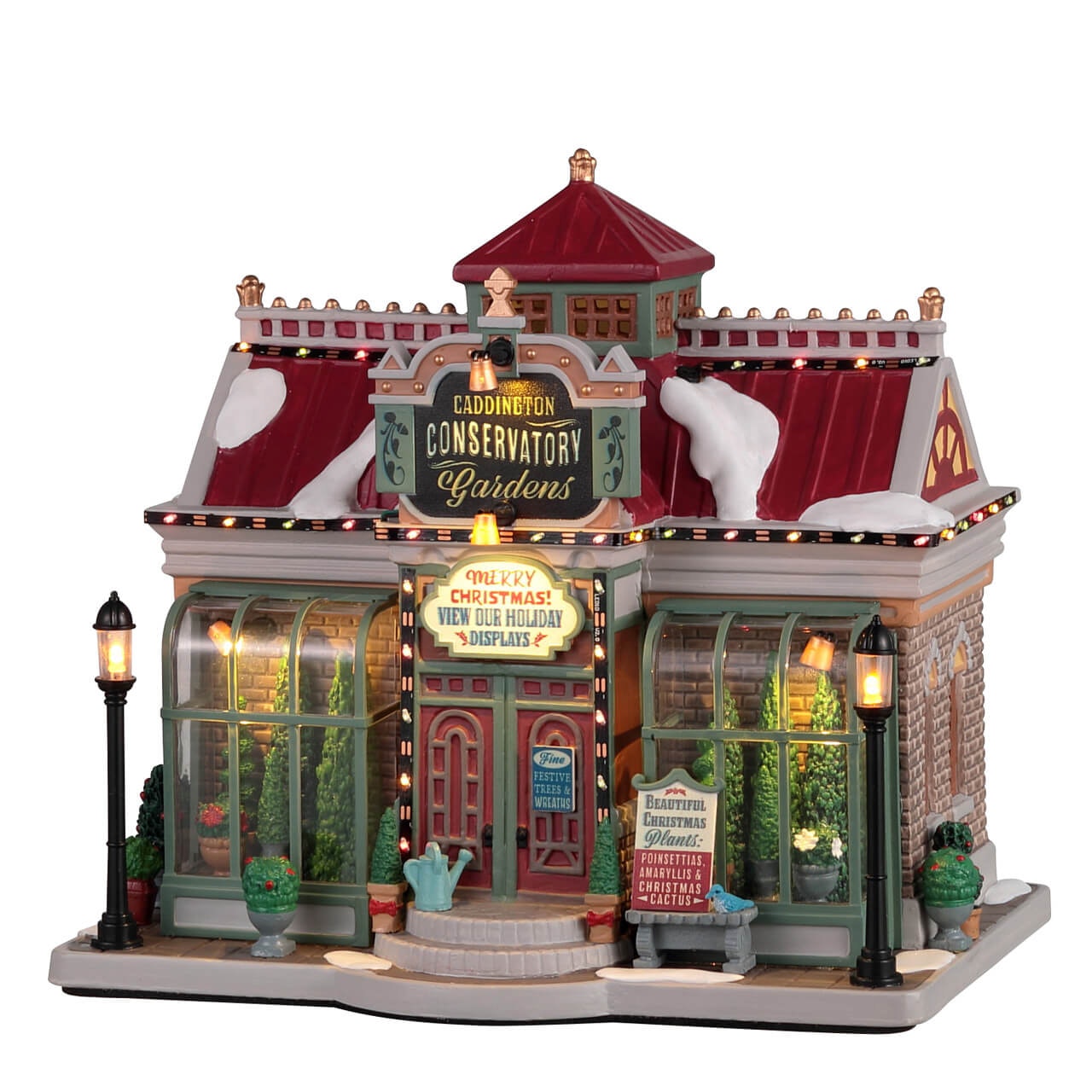 Caddington Conservatory Gardens Lemax edificio con giardini illuminato stile vittoriano per villaggio di Natale con vetrate, cupola rossa e lampioni. | Dematteis.it
