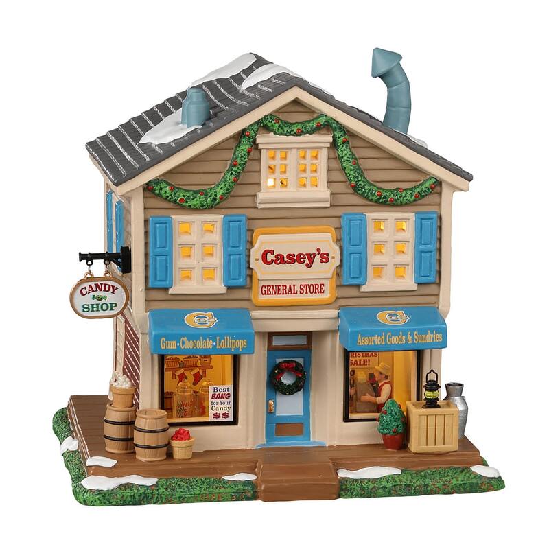 Casey's General Store Lemax della collezione Harvest Crossing: negozio di alimentari in miniatura a due piani con persiane blu, decorazioni natalizie e villaggio di Natale Lemax. | Dematteis.it