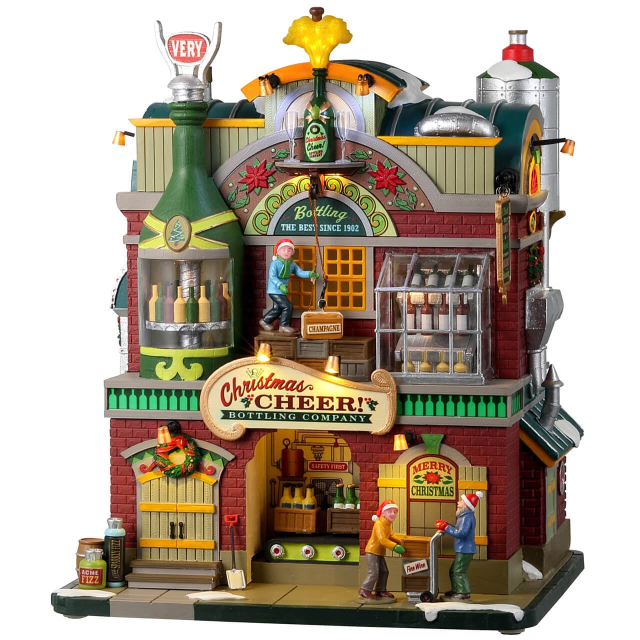 Christmas Cheer Bottling Company Lemax con architettura vittoriana in mattoni rossi, azienda bottiglie per villaggio di Natale con operai in miniatura e serbatoi produzione. | Dematteis.it