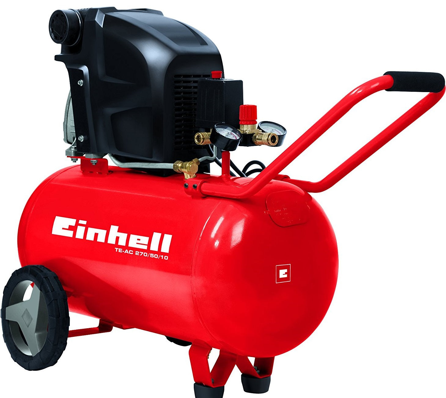 Compressore lubrificato TE-AC 270/50/10 Einhell con serbatoio rosso da 50 litri, motore potente da 2,5 HP, ruote gommate e maniglia ergonomica per facile trasporto, ideale per lavori di soffiaggio e verniciatura. | Dematteis.it