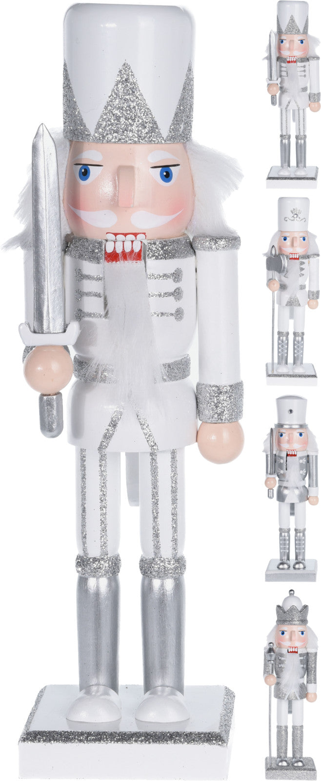 Schiaccianoci decorativo in legno argento bianco da 25 cm per decorazioni natalizie - DeMatteis.it