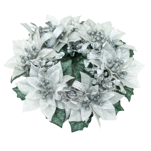 Corona Stella di Natale argento diametro 19 cm decorazione natalizia con stelle di Natale artificiali - DeMatteis.it