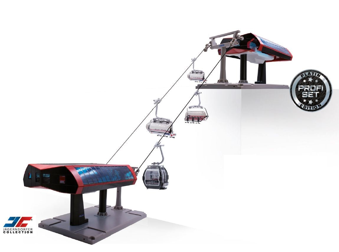 Funivia Jaegerndorfer professionale nero rosso con stazioni moderne e cabine rosse sospese, Ski Lift in miniatura dettagliato per Villaggio Invernale. | Dematteis.it