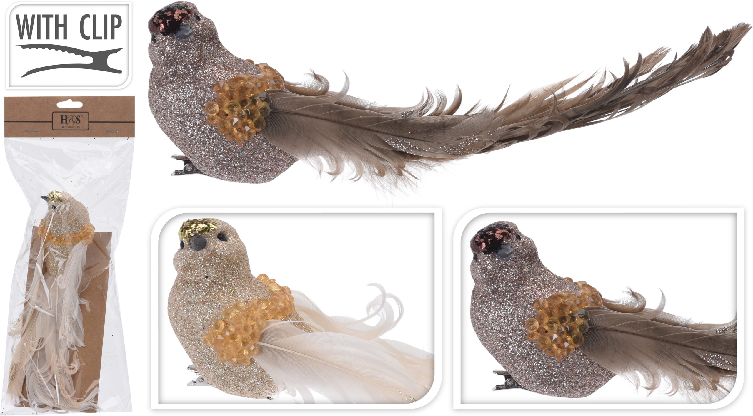 Uccellino decorativo 23 cm con piume marroni e clip per ornamento natalizio - DeMatteis.it