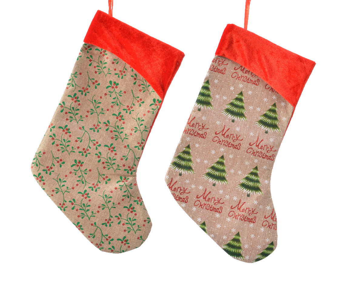 Calza Naturale 45 cm decorativa natalizia in poliestere con disegni colorati per decorazioni festive - DeMatteis.it