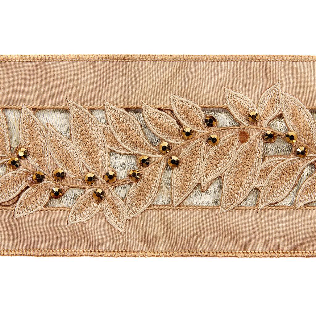 Nastro Olive Vine Crema Oro 10 cm decorativo con ricamo motivo foglie e paillettes dorate per decorazioni e cucito - DeMatteis.it