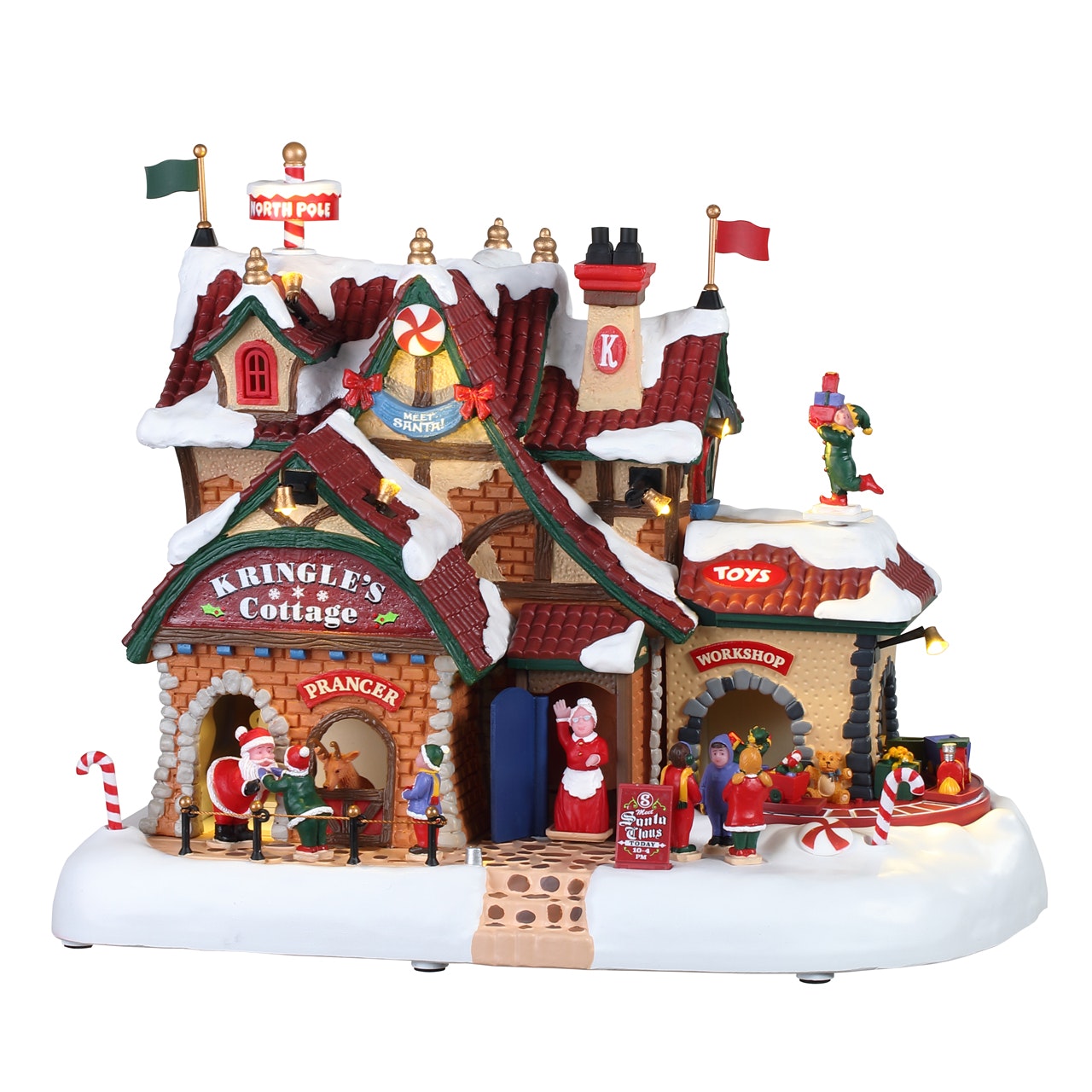 Kringle's Cottage Lemax illuminato con Laboratorio di Babbo, trenino in movimento e personaggi animati per Villaggio di Natale Lemax da collezione. | Dematteis.it