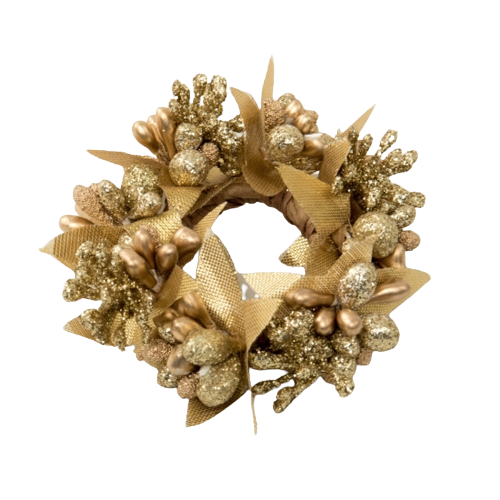 Corona Fiori Decorata Oro diametro 7 cm per decorazioni natalizie con palline e nastro dorato - DeMatteis.it