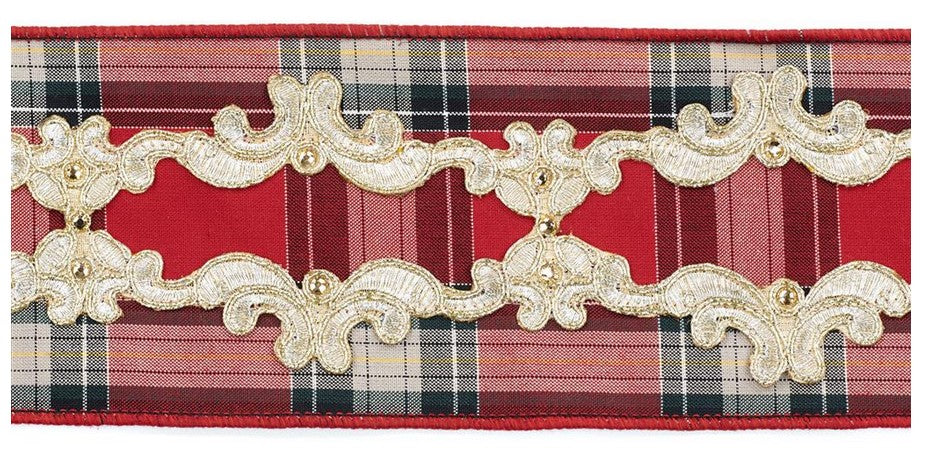 Nastro scozzese rosso oro con pizzo decorativo lunghezza 4,5 m per decorazioni e confezioni regalo - DeMatteis.it