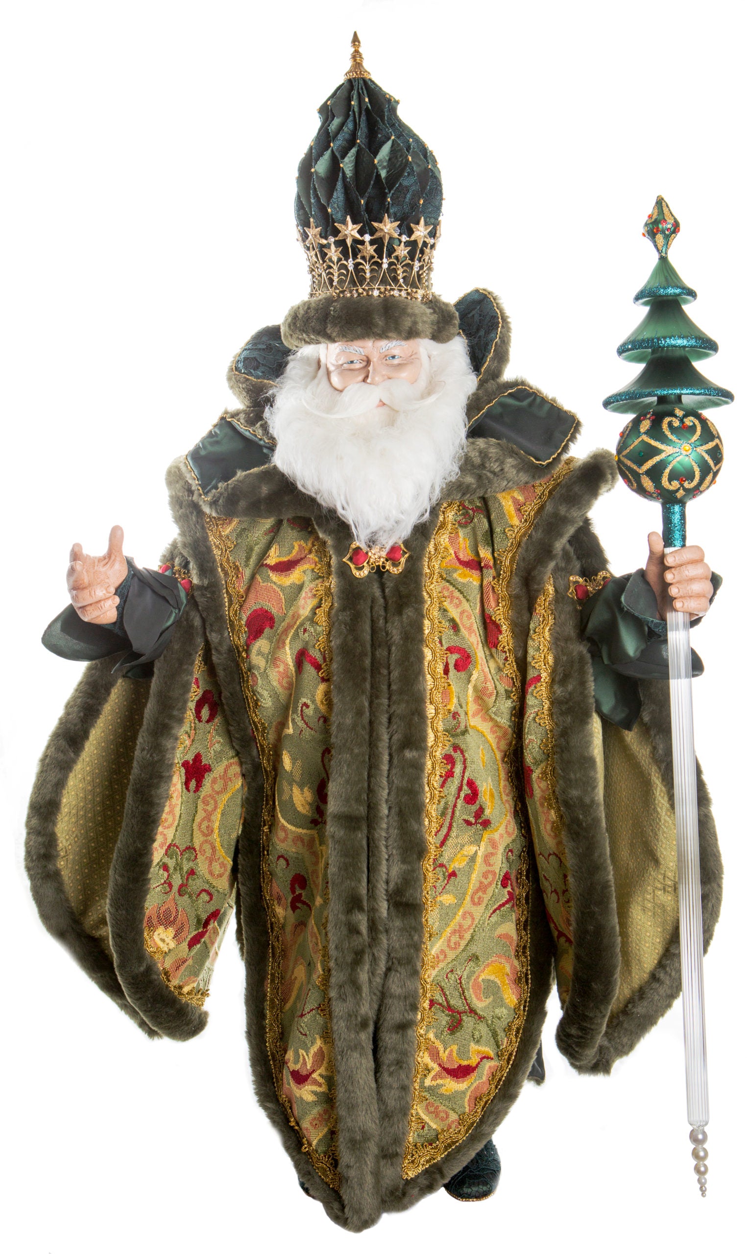 Babbo Natale Around The Christmas giacca decorativa natalizia in velluto damascato e pelliccia con cappello e bastone - DeMatteis.it