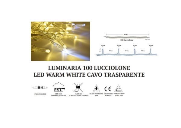 Luminaria Lucciolone Led 100 Warm White catena luminosa natalizia per decorazione interni con cavo trasparente - DeMatteis.it