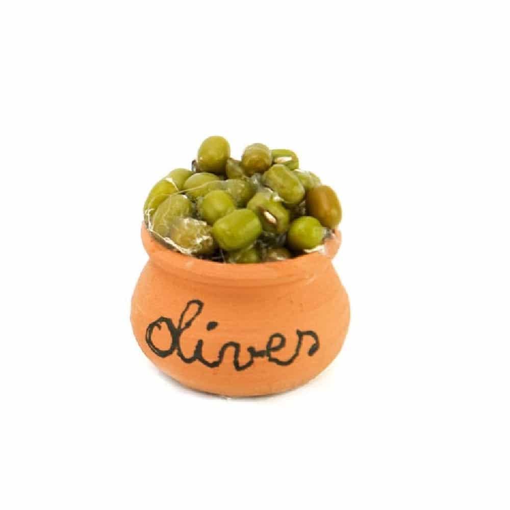 Giara In Miniatura decorativa in terracotta con olive, dimensioni 2 cm, oggetto tradizionale artigianale - DeMatteis.it