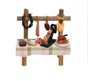 Banco Macellaio miniatura in legno per decorazione presepe con accessori tradizionali - DeMatteis.it