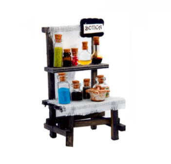 Banco Venditore Di Cristalli in legno miniatura per presepe con bottiglie colorate decorative - DeMatteis.it