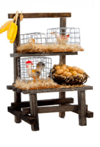 Bancarella In Miniatura Del Pollame in legno per presepe con gabbie e decorazioni tradizionali - DeMatteis.it