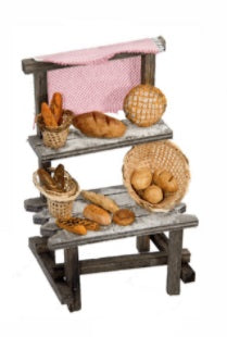 Banco del Pane miniatura in legno per decorazione presepe con accessori da panetteria - DeMatteis.it