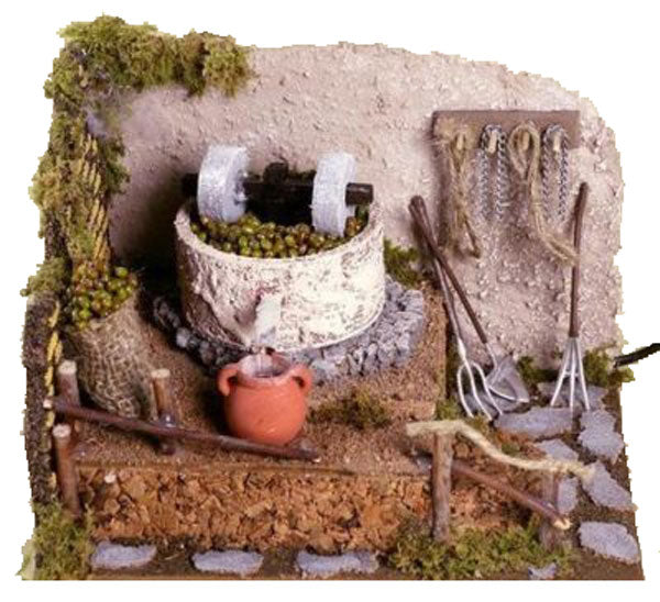 Macina in pietra per presepe artigianale con ambientazione tradizionale italiana - DeMatteis.it