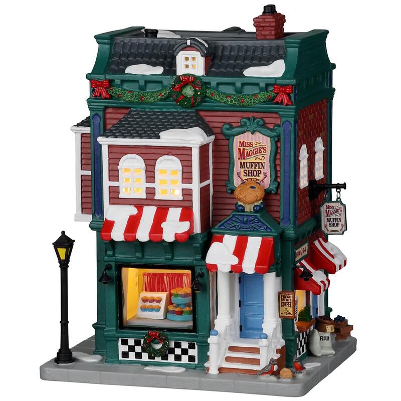 Miss Maggie's Muffin Shop Lemax: negozio di muffin vittoriano per villaggio di Natale Lemax con facciata in mattoni rossi, tende rosse e bianche | Dematteis.it