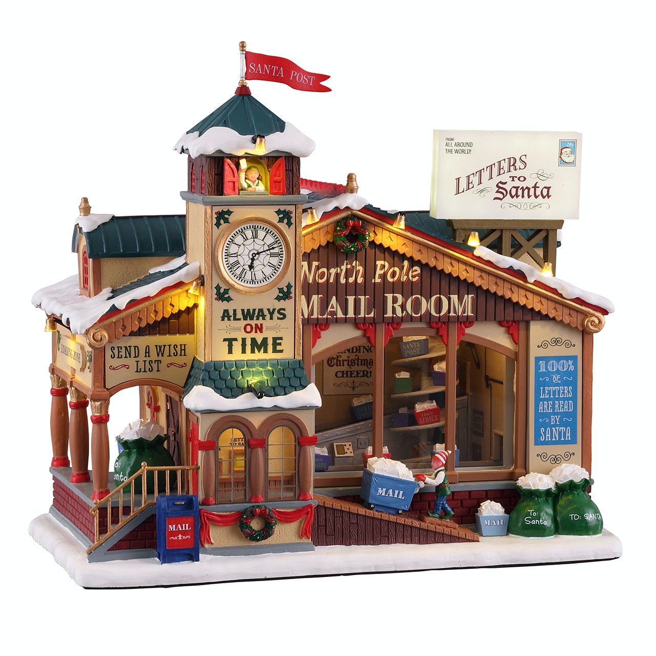 North Pole Mail Room Lemax: magnifico Edificio Postale con torre dell'orologio, bandiera Santa Post e dettagli vittoriani per Villaggio di Natale Lemax | Dematteis.it