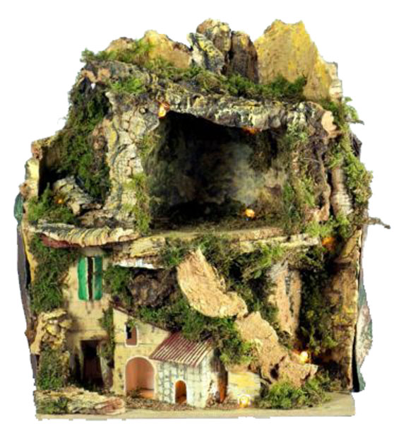 Presepe Con Grotta artigianale Rossi Rosa per allestimento natalizio con ambientazione rocciosa e casette - DeMatteis.it