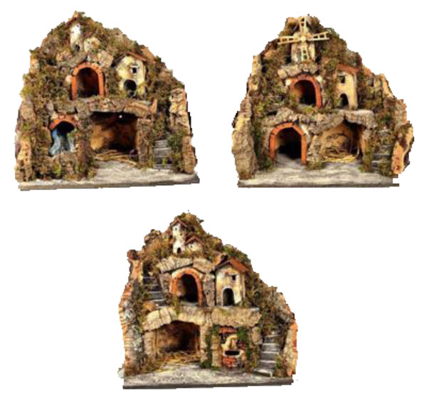 Presepe Con Luci E Mulino ambientazione natalizia artigianale italiana Rossi Rosa con illuminazione integrata - DeMatteis.it