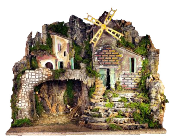 Presepe Con Mulino E Capanna ambientazione natalizia artigianale italiana con grotta e mulino a vento - DeMatteis.it