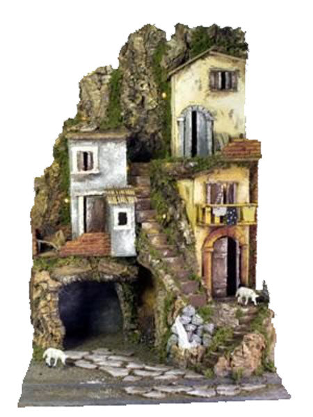 Presepe Con Roccia ambientazione natalizia artigianale con case e grotta per allestimento presepe tradizionale - DeMatteis.it