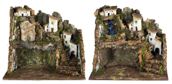 Presepe Con Scalinata Rossi Rosa ambientazione natalizia artigianale con case e gradini per allestimento presepe tradizionale italiano - DeMatteis.it