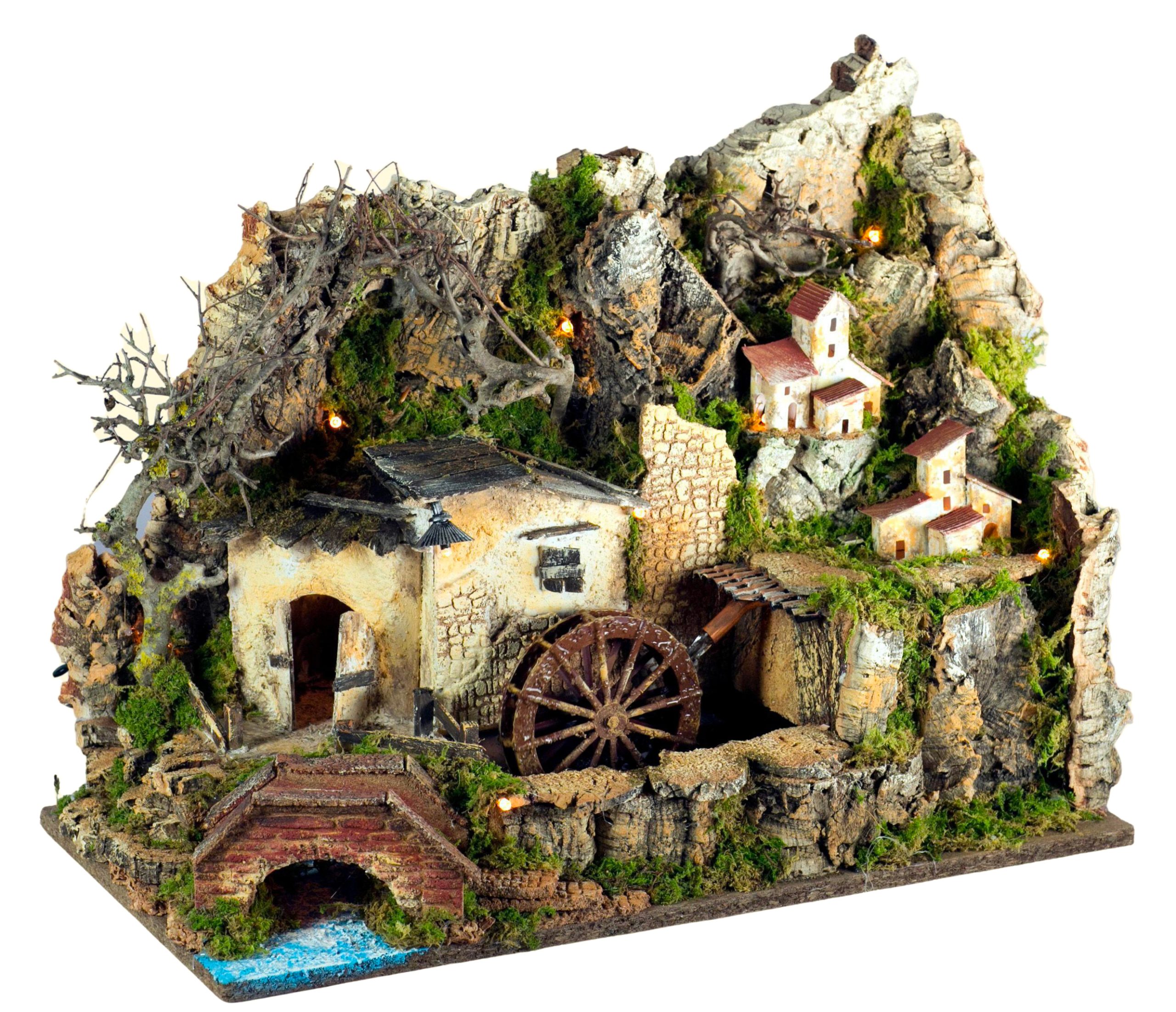 Mulino ad acqua con pompa e luci 50 x 26 x 36 cm per presepe con paesaggio roccioso e case illuminate - DeMatteis.it