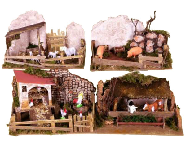 Recinto e animali per presepe Rossi Rosa con ambientazioni rurali e figurine per allestimento natalizio - DeMatteis.it