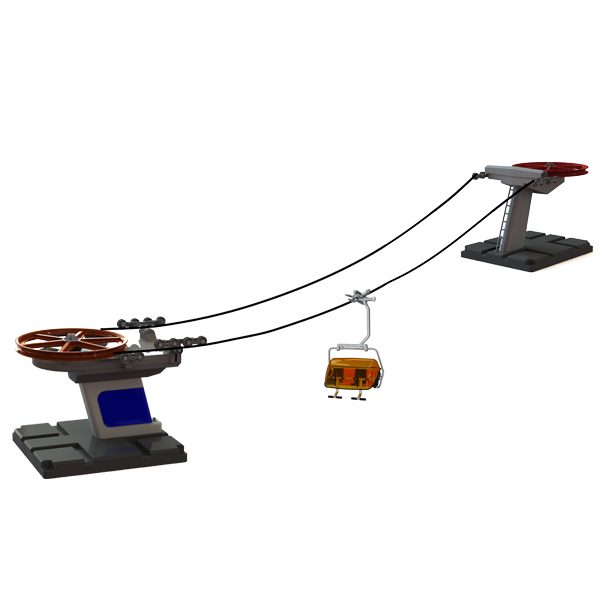 Seggiovia Jagerndorfer skilift in miniatura scala 1:32 con stazioni grigie rosse, cabina arancione sospesa e cavo per villaggio invernale modellismo. | Dematteis.it