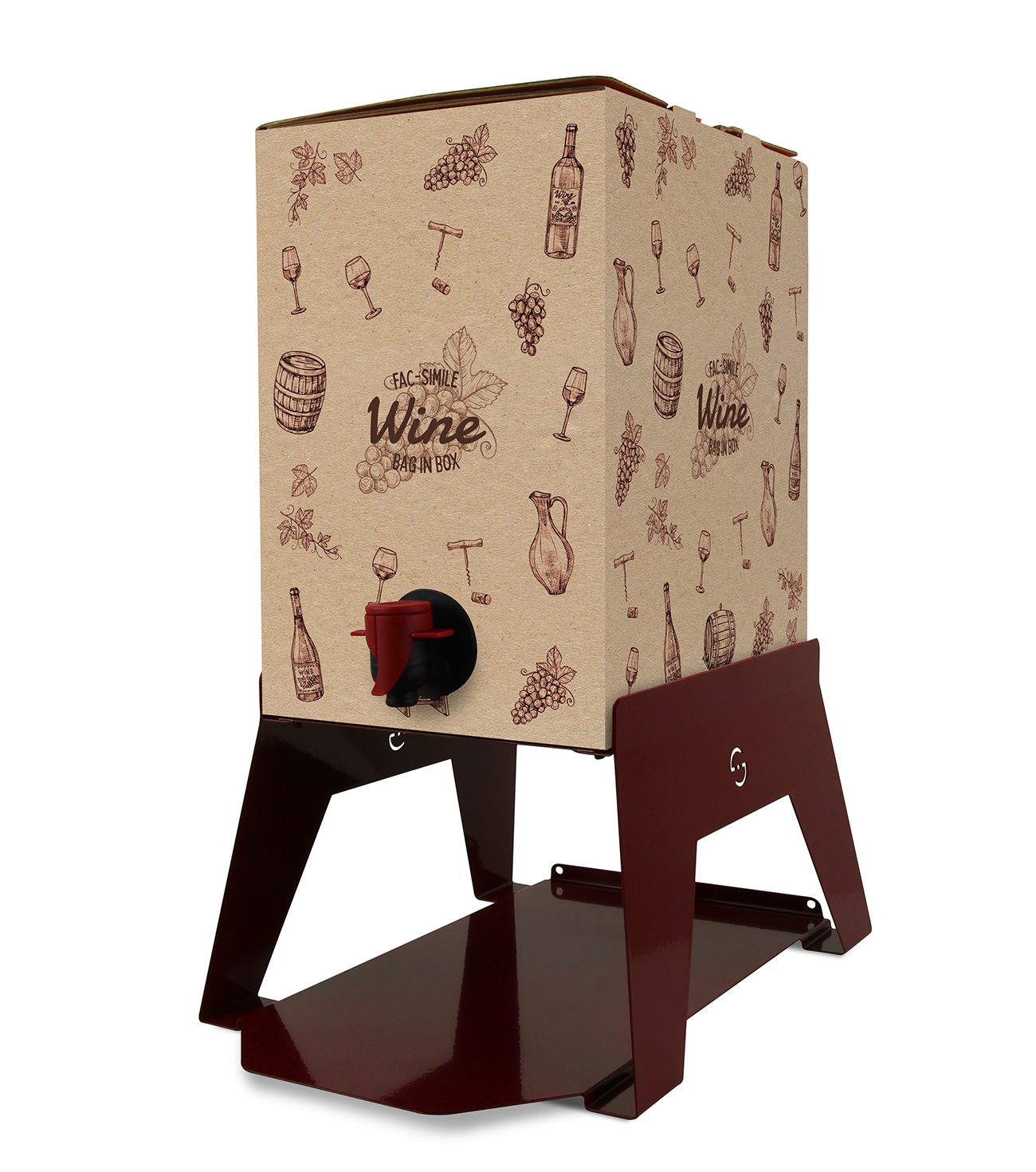 Supporto Box Vino 5 Lt Lisa Bacco con bag-in-box installato, struttura metallica bordeaux e vassoio porta bicchieri funzionale Made in Italy | Dematteis.it