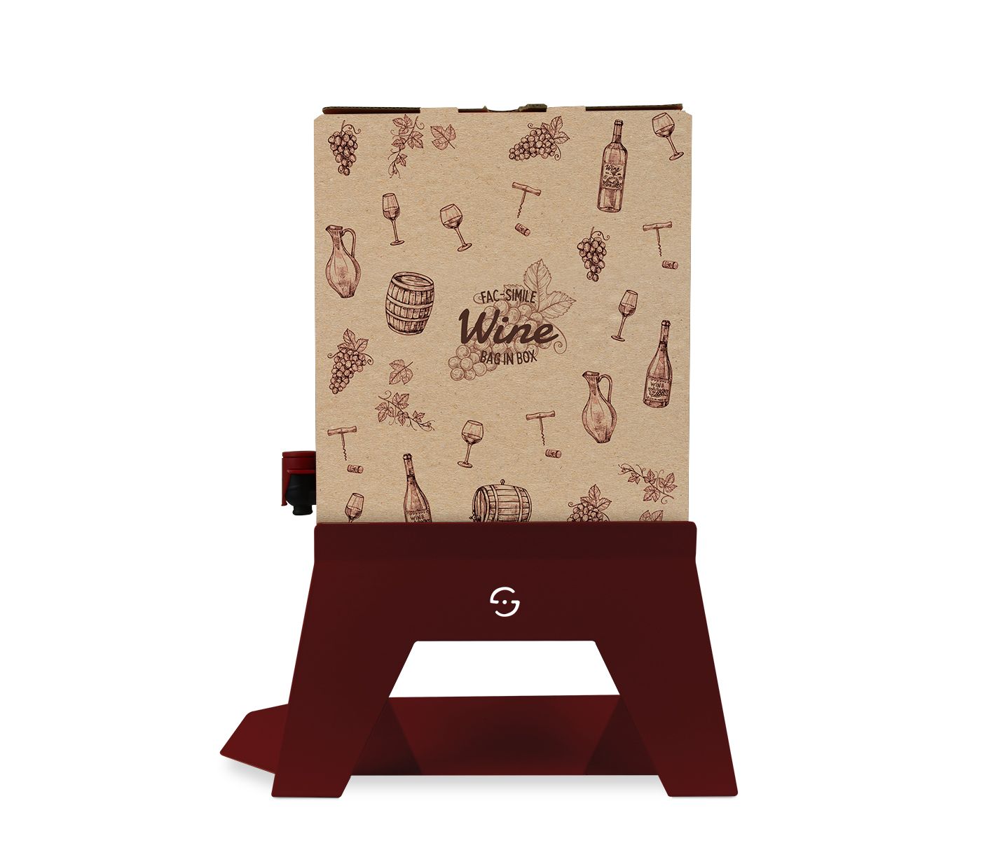 Supporto Box Vino 5 Lt Lisa Bacco con bag-in-box installato, struttura metallica bordeaux e vassoio porta bicchieri funzionale Made in Italy | Dematteis.it