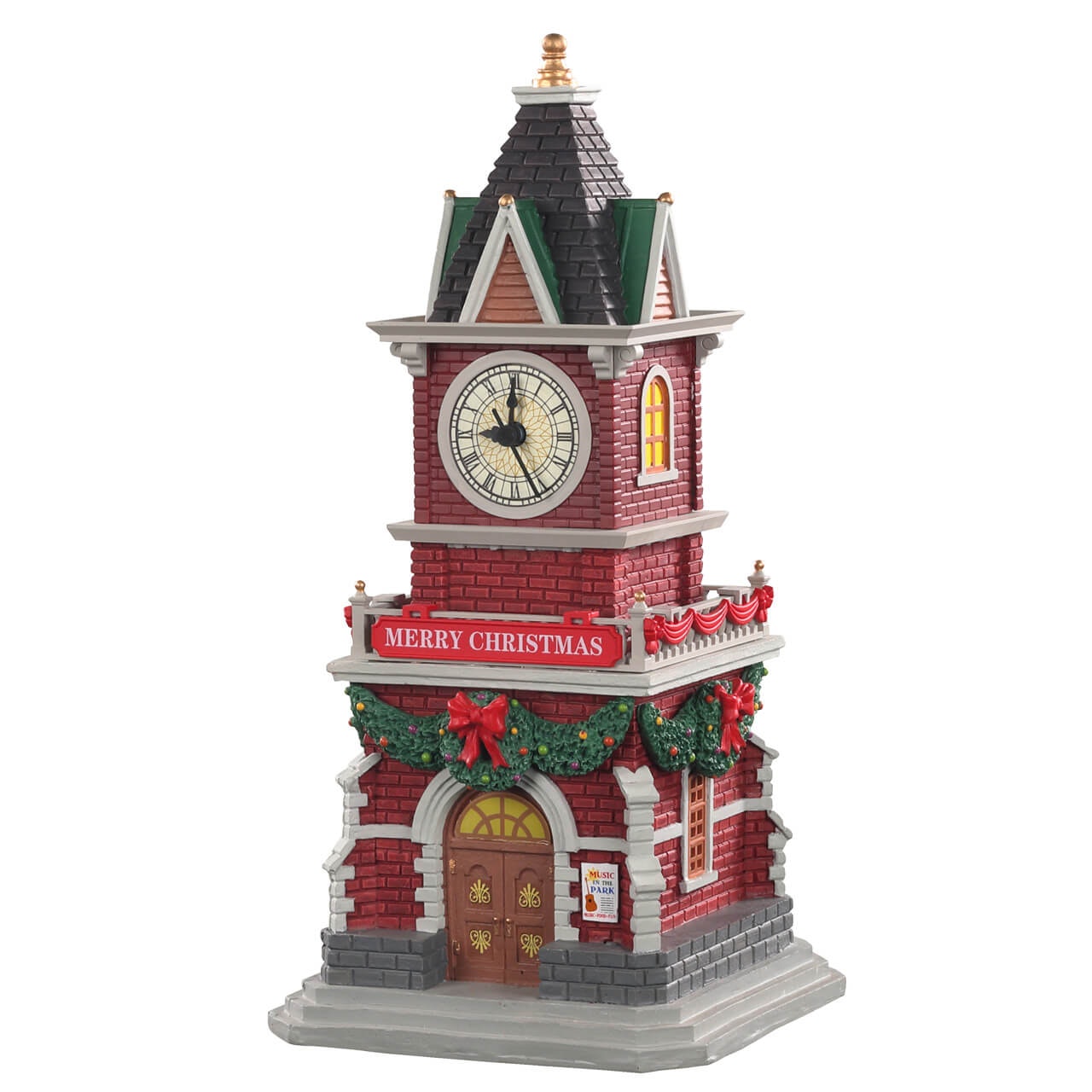 Torre dell'Orologio Lemax Tannenbaum in mattoni rossi con tetto nero, orologio centrale e decorazioni natalizie per Villaggio Lemax. | dematteis.it