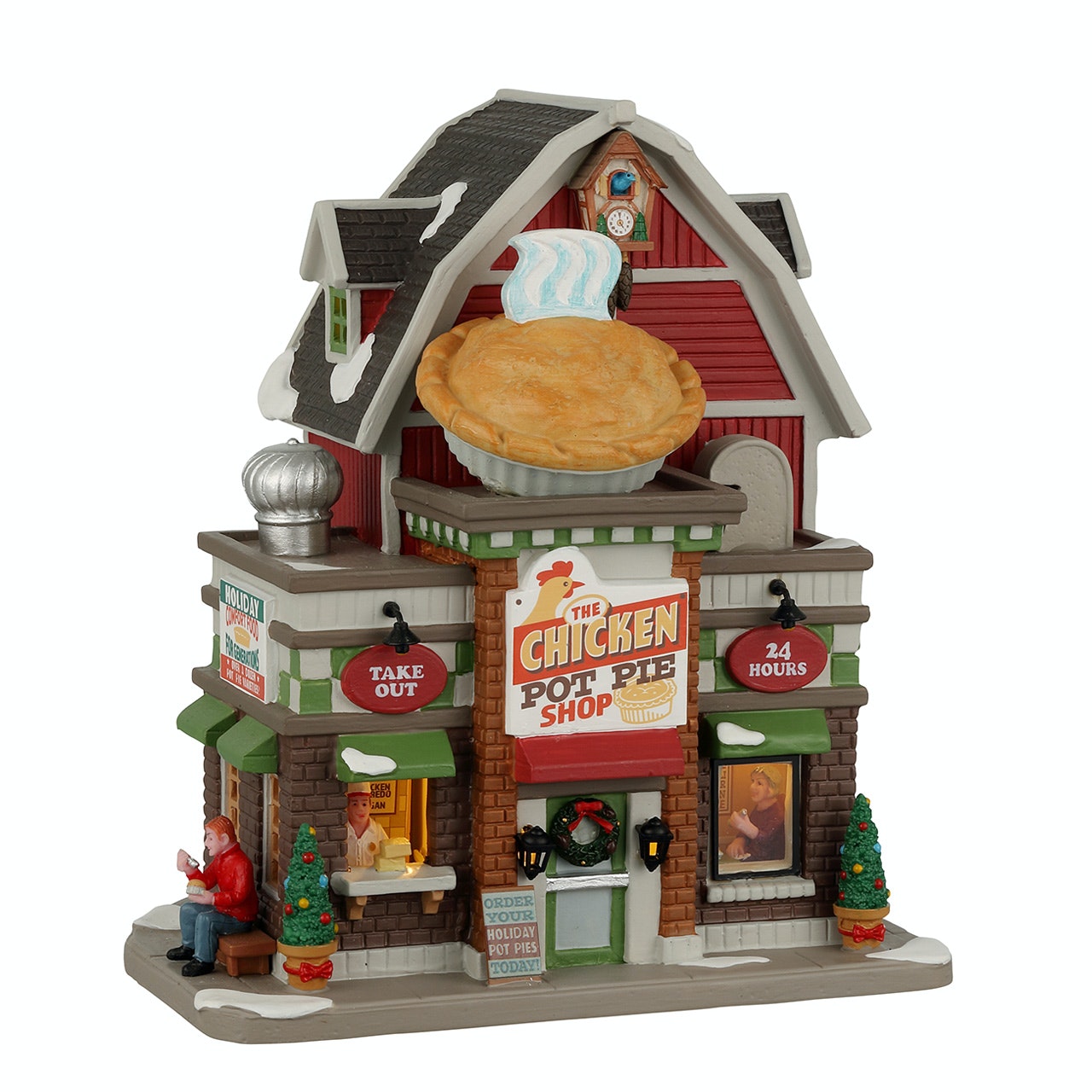 The Chicken Pot Pie Shop Lemax della collezione Harvest Crossing, Negozio di Torte Lemax in miniatura con architettura rustica americana, grande torta dorata sul tetto e decorazioni natalizie nel Villaggio Lemax. | Dematteis.it