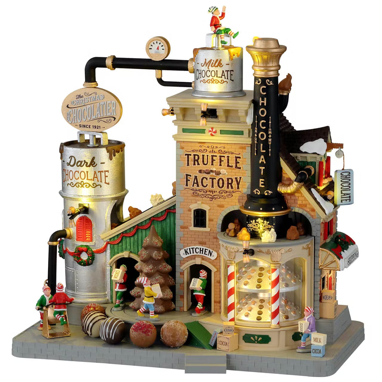 The Christmas Chocolatier Truffle Factory Lemax con elfi animati, torre del cioccolato al latte e fondente, perfetto per ogni Villaggio di Natale Lemax della collezione Santa's Wonderland | Dematteis.it