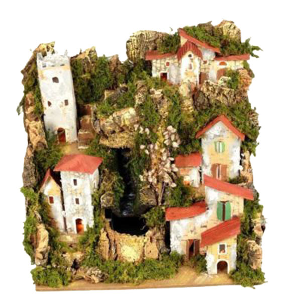 Villaggio Presepe decorativo artigianale con case, torre e ambientazioni per presepe tradizionale italiano - DeMatteis.it