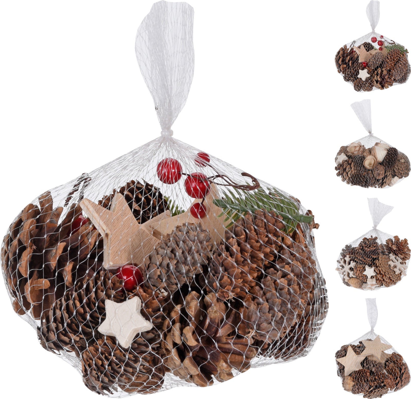 Sacchetto Decori Naturali con pigne, stelle in legno e bacche rosse per decorazioni natalizie e centrotavola - DeMatteis.it