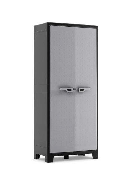 Armadio Keter Titan Multispace XL con struttura bicolore nero-grigio, dimensioni 80 x 44 x 182 cm, dotato di due ante con chiusura di sicurezza e sistema antivento AOS, ideale per organizzare gli spazi esterni. | Dematteis.it
