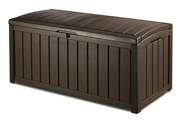 Baule Keter portaoggetti resina Glenwood 390 lt con elegante finitura effetto legno scuro, ideale per arredare e organizzare gli spazi esterni con stile e funzionalità. | Dematteis.it
