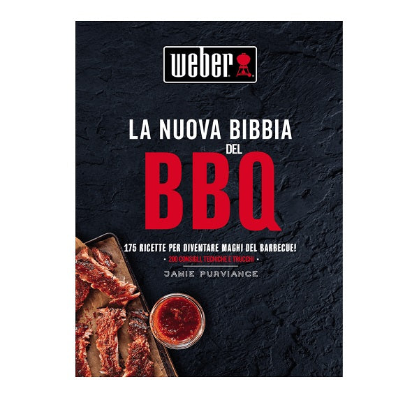 Bibbia Weber barbecue aperta che mostra ricette Weber illustrate con fotografie dettagliate di tecniche di cottura alla griglia e consigli per la perfetta gestione delle temperature. | Dematteis.it