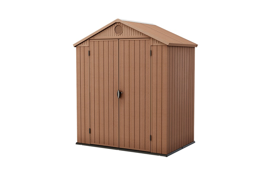 La casetta da giardino in resina Darwind 6x4 Evotech con finitura effetto legno naturale, porta a doppia anta, tetto a spiovente e struttura resistente agli agenti atmosferici, ideale per organizzare il tuo spazio esterno. | Dematteis.it