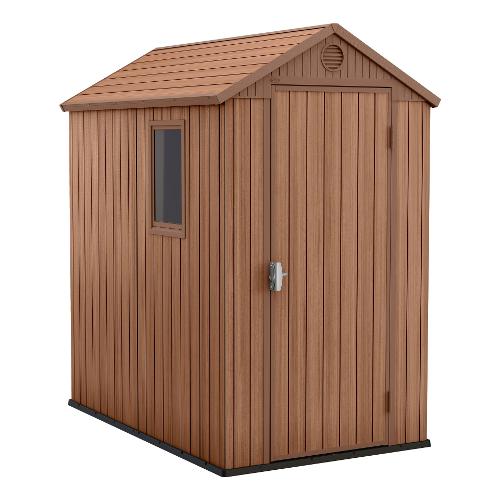 Casetta giardino Keter Darwin 4x6 Evotech+ con elegante finitura effetto legno, struttura a doppio strato e rinforzi in metallo per una durabilità superiore nel tempo, perfetta per ogni giardino. | Dematteis.it