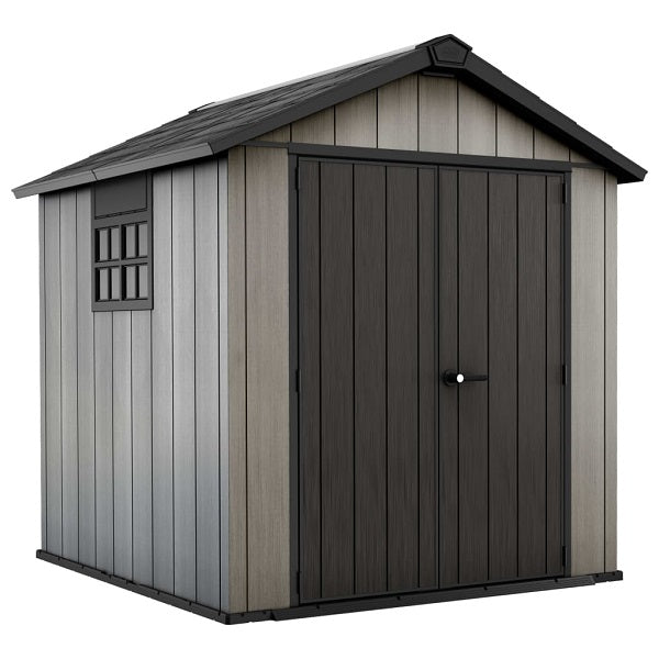 Casetta giardino Keter Oakland 757 Duotech con finitura effetto legno spazzolato, struttura a doppio strato e ampia porta a doppio battente per un accesso facilitato al tuo spazio esterno. | Dematteis.it