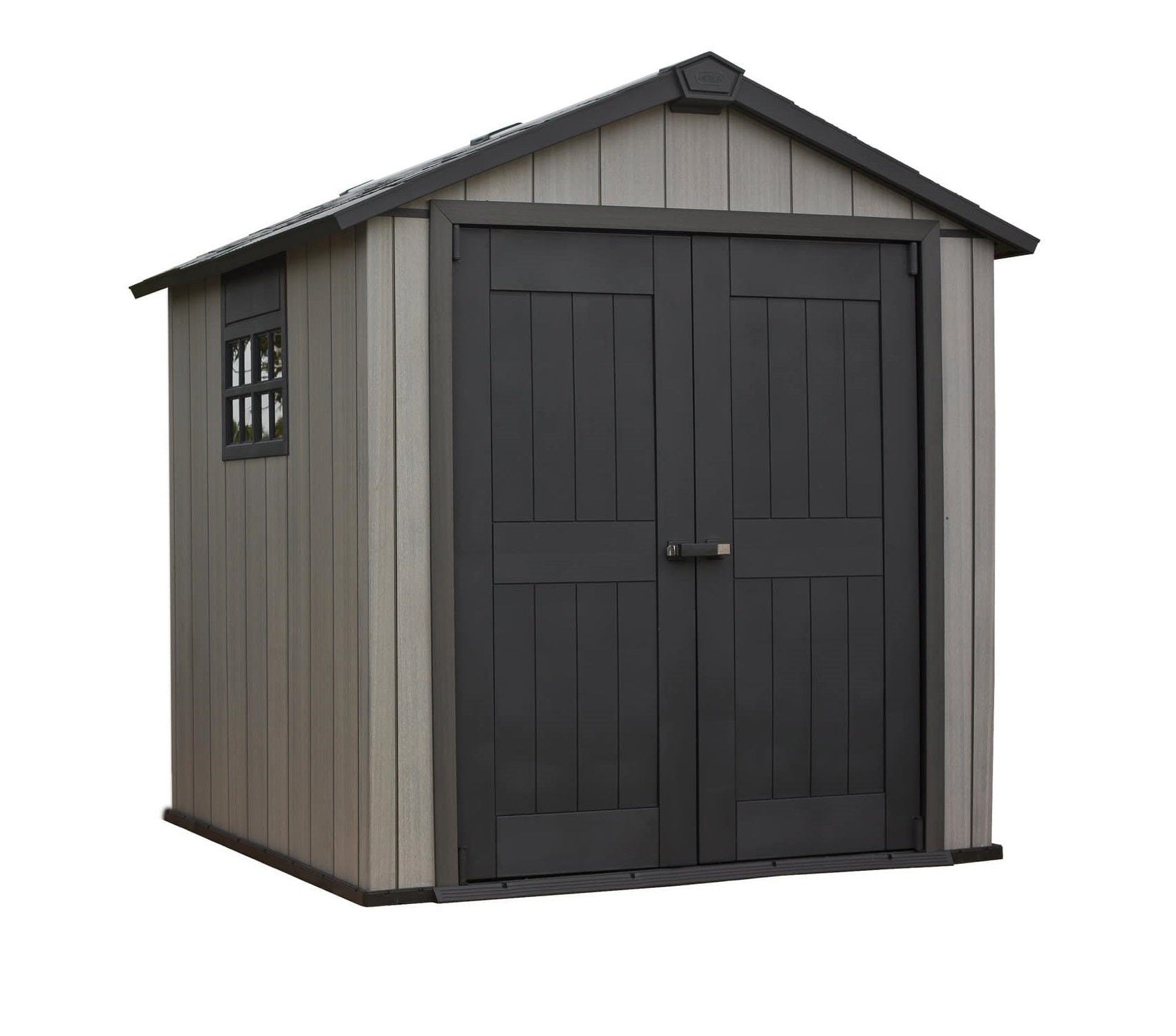 La casetta giardino Keter Oakland 759 Duotech con la sua elegante struttura in grigio chiaro e porte a doppio battente in grigio scuro, perfetta per valorizzare qualsiasi spazio esterno con stile e funzionalità. | Dematteis.it