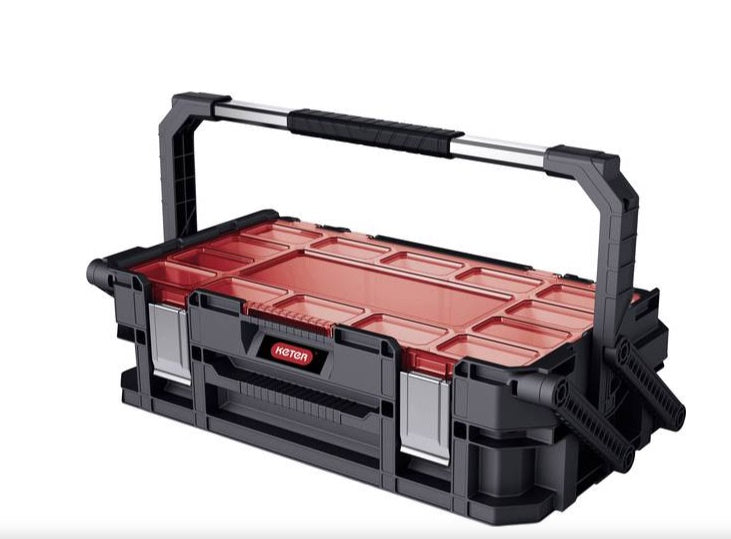 Connect Cantilever organizer Keter con struttura robusta in nero e grigio, vassoi rossi estraibili e maniglia ergonomica per un trasporto comodo di strumenti e materiali da bricolage. | Dematteis.it